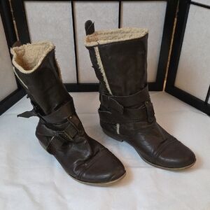 Diba Fleece lined Vegan Leather Brown Moto Boot Buckle
